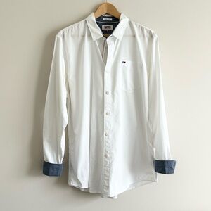 Tommy Hilfiger White Denim Chambray Cuff Button Down Dress Shirt Regular Fit XL